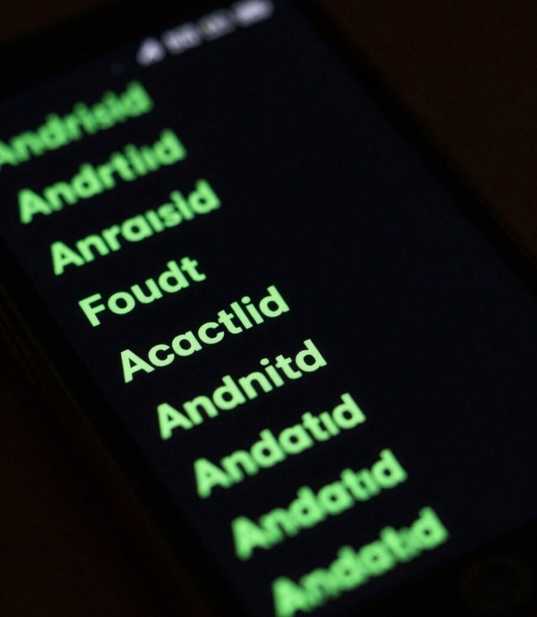 Tight macro shot of a physical Android phone displaying a clean terminal-style system interface with neon green text, moody low-key lighting