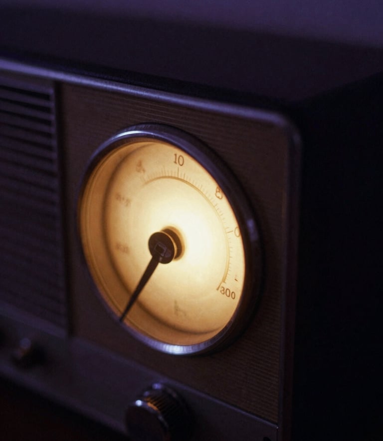 Close-up of vintage analog radio dial glowing softly in a dark room, warm amber light, deep violet shadow tones, atmospheric film photography