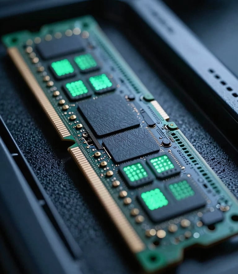 Macro shot of physical server memory modules, cool slate tones with sharp emerald green status LEDs, cinematic lighting, 35mm