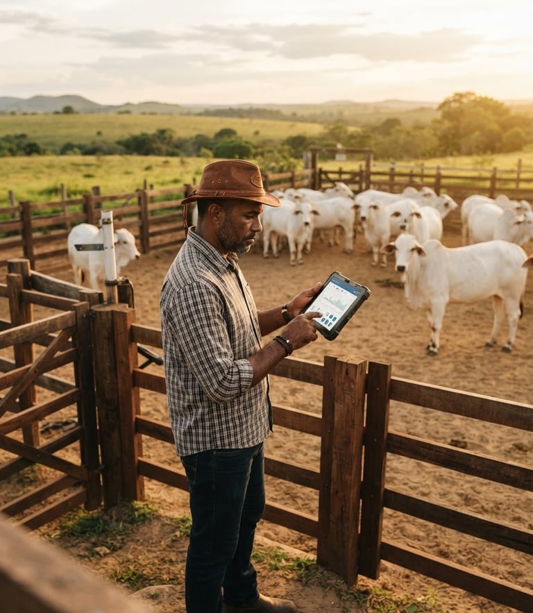 Editorial agricultural photography of a modern Brazilian rancher in a clean, organized corral holding a digital tablet, healthy Nelore cattle in the background, natural golden-hour sunlight, rich moss green tones, 35mm