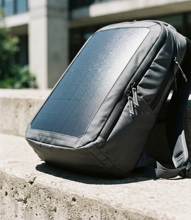 Close-up of a sleek SolarGo backpack with integrated flexible solar panel catching direct sunlight on a modern concrete ledge, sharp shadows, high-detail 35mm lens