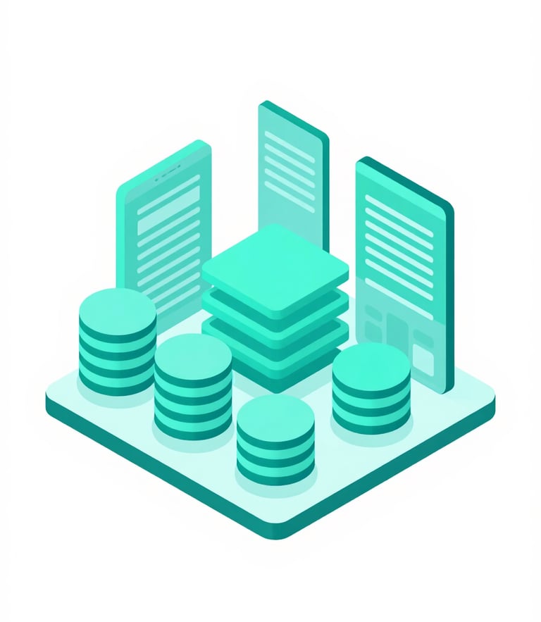 Isometric 3D vector illustration of a modern digital city composed of layered mobile app screens and database nodes, vibrant teal and cyan accents, minimalist white background