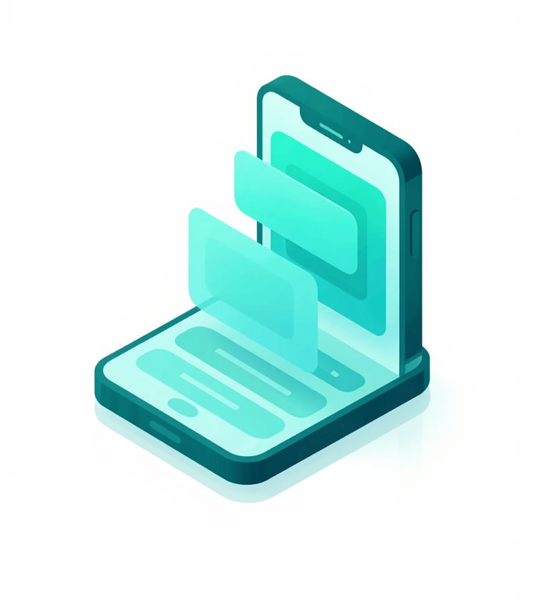 Isometric 3D vector illustration of a glowing digital smartphone interface showing app architecture, vibrant cyan and deep teal accents, clean white background