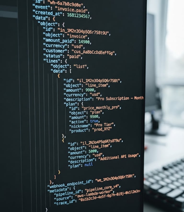 Macro shot of a high-contrast computer screen displaying complex API webhook data pipelines and JSON code, crisp focus on code lines, modern workspace background, clean neutral daylight, cool desaturated tones, sharp focus
