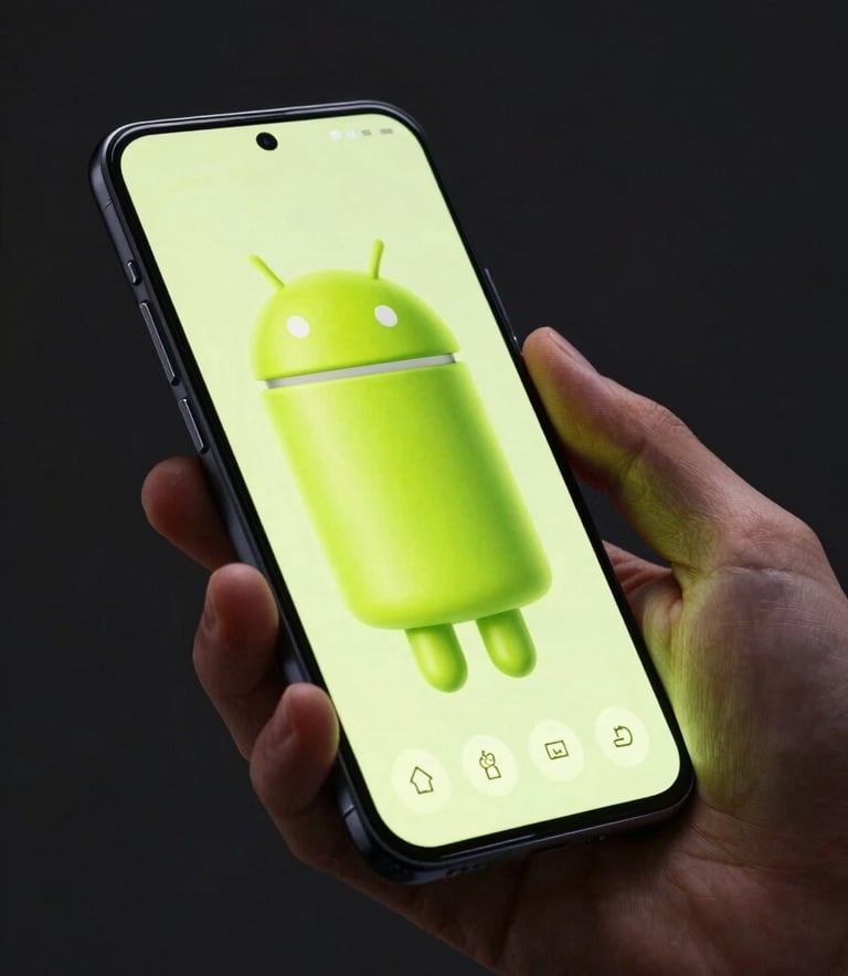 Close-up macro shot of a hand holding a modern Android phone, electric lime UI elements glowing on screen, high-contrast studio rim lighting, dark background, angled device profile.