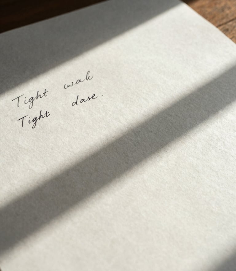 Tight intimate crop of handwritten notes on heavy linen paper, high-contrast natural daylight casting deep architectural shadows across the desk, sharp focus on the ink, expansive negative space to the right.