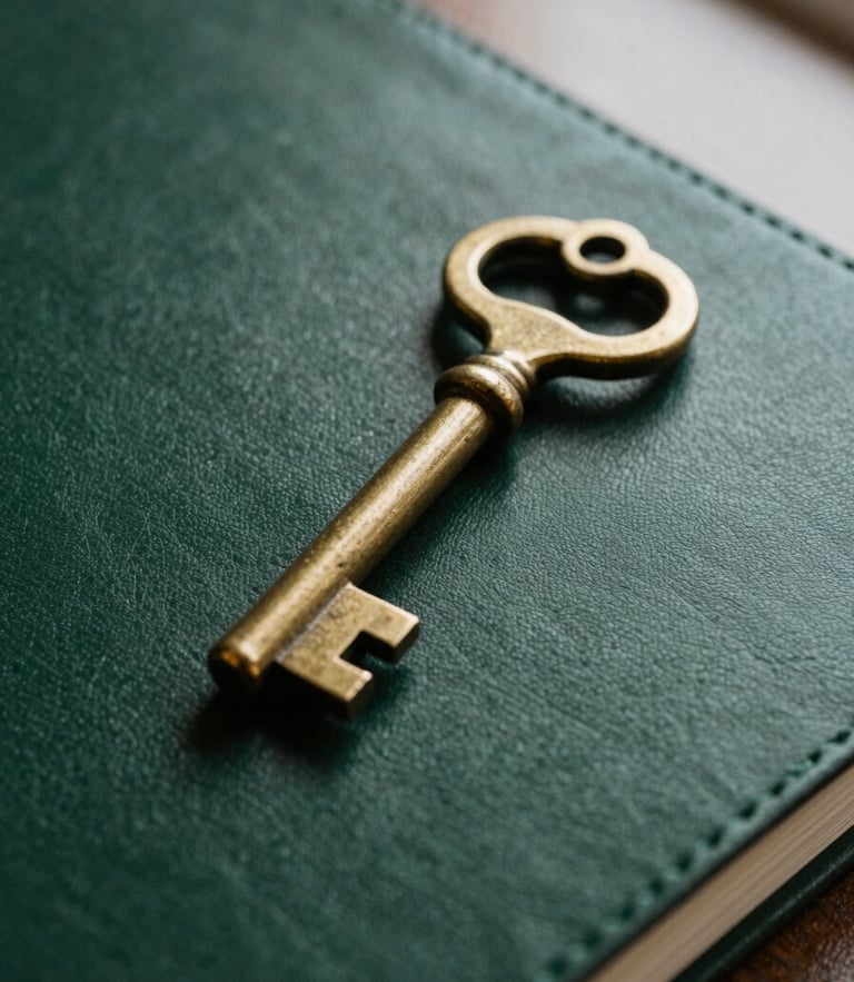 Macro close-up of a heavy brass key resting on a dark green leather ledger, soft natural side light, deep shadows, 35mm.