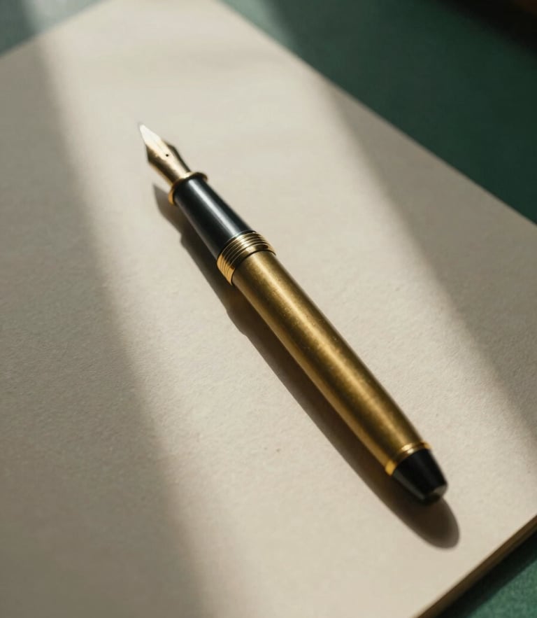 Subdued macro photograph of a heavy brass fountain pen resting on thick, textured champagne-colored cotton paper, soft indirect window light casting long, elegant shadows across the desk, 35mm.