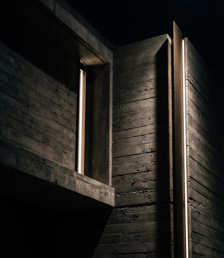Dramatic low-key architectural detail of a modern luxury concrete building facade, crisp shadows, sharp focus, 35mm lens