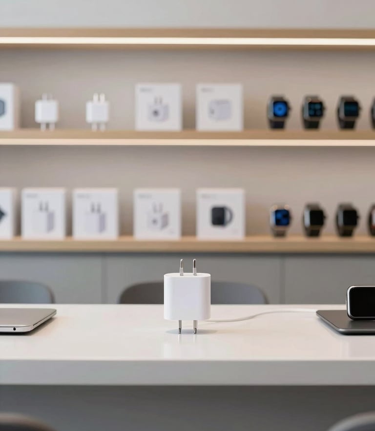 A straight-on eye-level photograph of a modern, clean electronics service counter, bright studio lighting, minimalist shelves displaying boxed genuine chargers and smartwatches in the background, sharp focus.