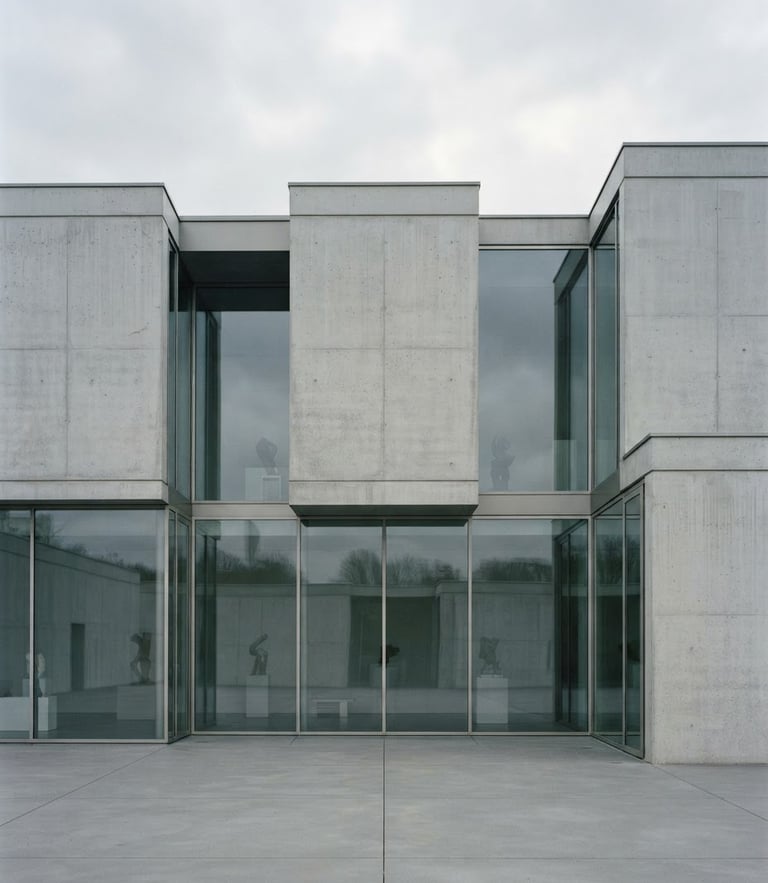 Minimalist concrete and glass facade of a modern gallery, overcast soft daylight, desaturated cool tones, Hasselblad medium format