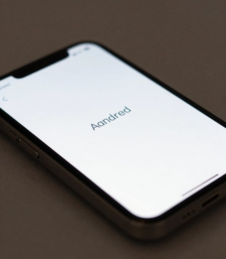 Macro shot of a physical Android phone displaying a clean, high-contrast minimalist interface with crisp typography, soft side-lighting, 35mm