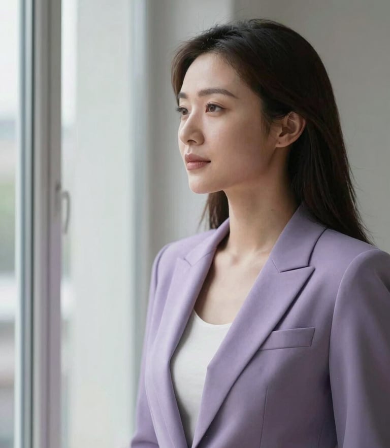 A thoughtful environmental portrait of a professional woman looking out a window, soft natural light, muted lilac and plum tones, shallow depth of field