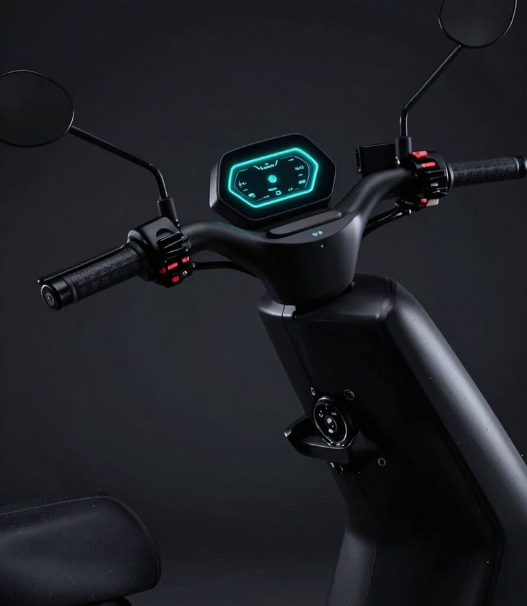 Sleek dark-mode automotive photography of matte-black electric scooter handlebars, neon-cyan glowing dashboard, dramatic low-key studio lighting, high-contrast cinematic style, 85mm lens