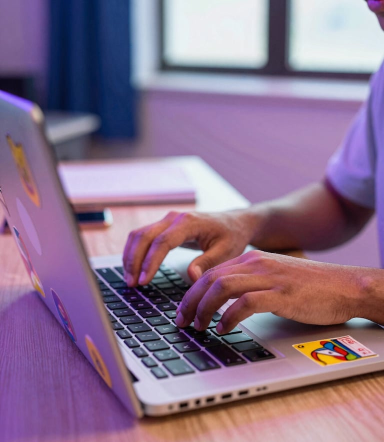 Vibrant close-up of a student typing on a laptop covered in colorful stickers under energetic neon desk lighting, shallow depth of field, 35mm
