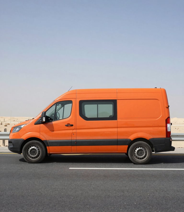 Side profile of a high-visibility orange mobile service van parked on a Bahraini highway shoulder, sharp midday sun casting clean shadows, asphalt and desert horizon in background.