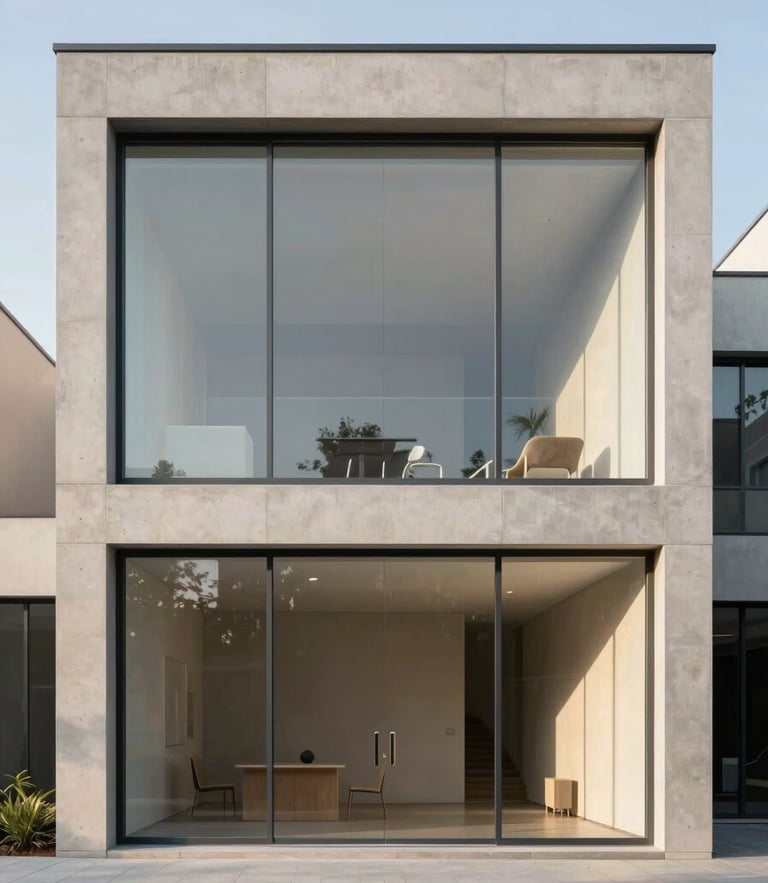 Frontal architectural view of a minimalist concrete and glass facade during golden hour, soft natural daylight, clean lines, high-end materials, 35mm lens