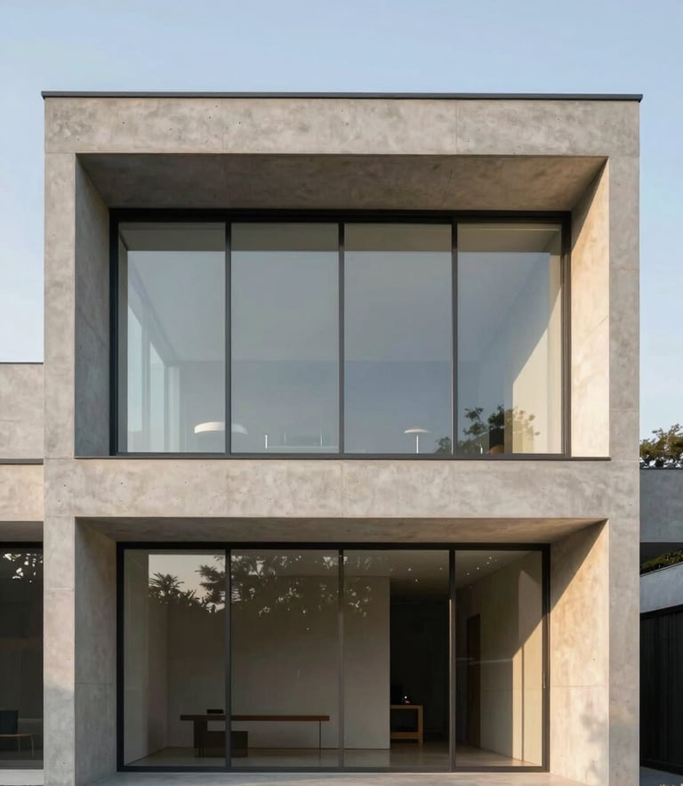 Symmetrical architectural shot of a minimalist concrete and glass villa facade during golden hour, soft natural shadows, clean orthogonal lines, 35mm lens