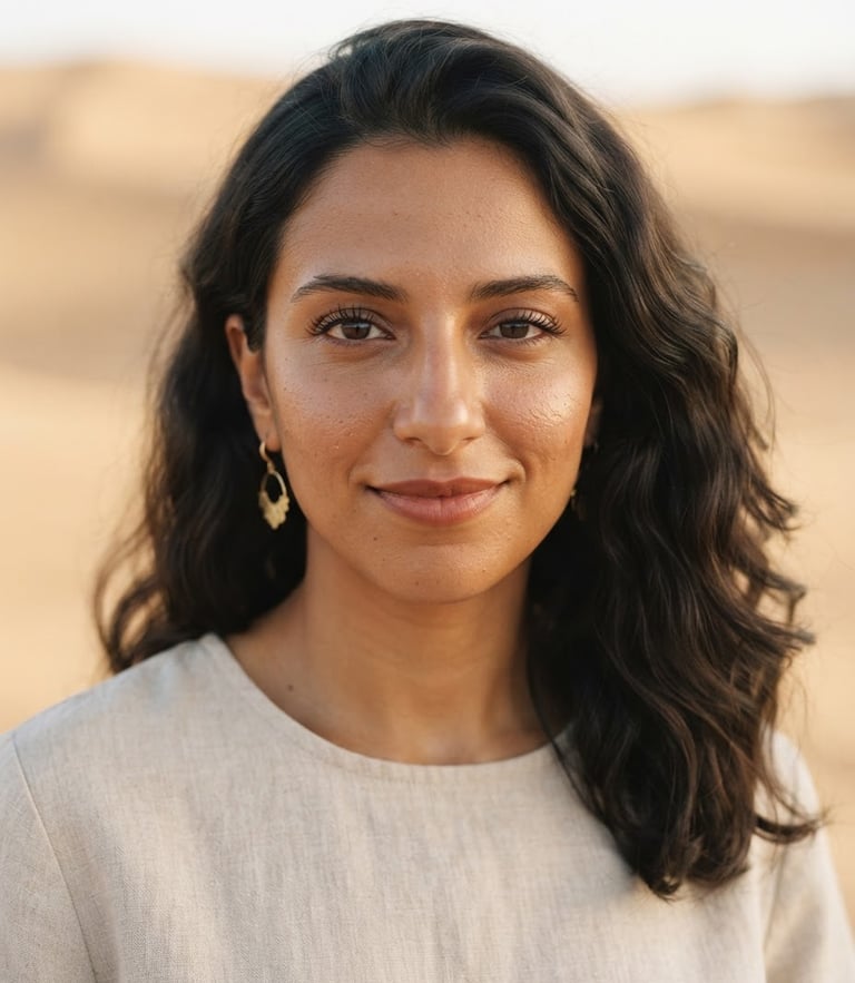 A clean portrait of a Middle Eastern woman with natural skin texture, soft diffused natural daylight, warm sand background, minimalist composition