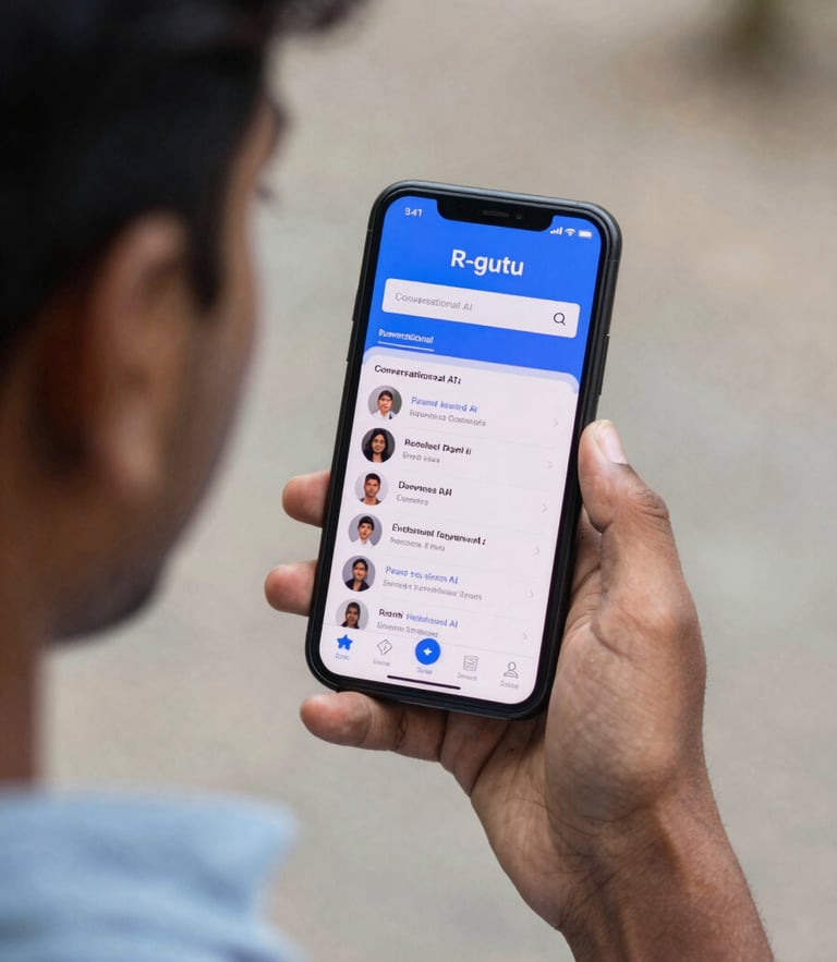 A close-up over-the-shoulder shot of an Indian student holding a smartphone displaying the R-guru conversational AI interface, bright daylight with subtle electric blue screen reflections.