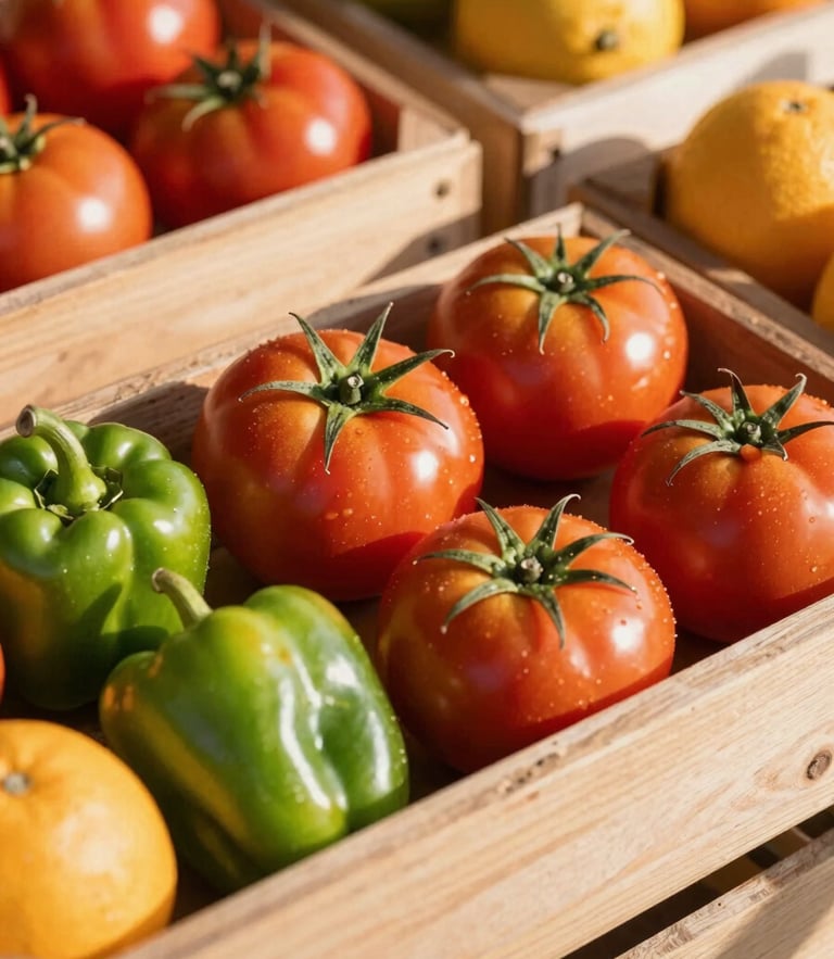 Rustic wooden crates overflowing with freshly harvested Egyptian tomatoes, vibrant green peppers, and citrus fruits, soft warm morning sunlight casting long shadows, macro detail, editorial food photography