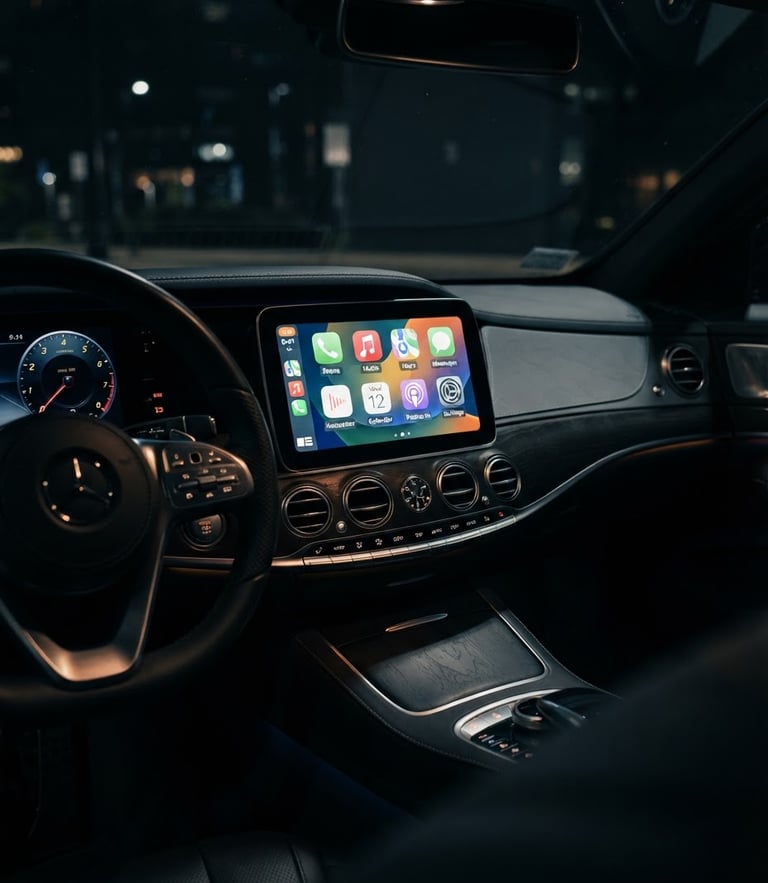Macro shot of a luxury car dashboard, active CarPlay interface on a perfectly integrated screen, glowing LED dashboard lights, shallow depth of field, premium automotive photography