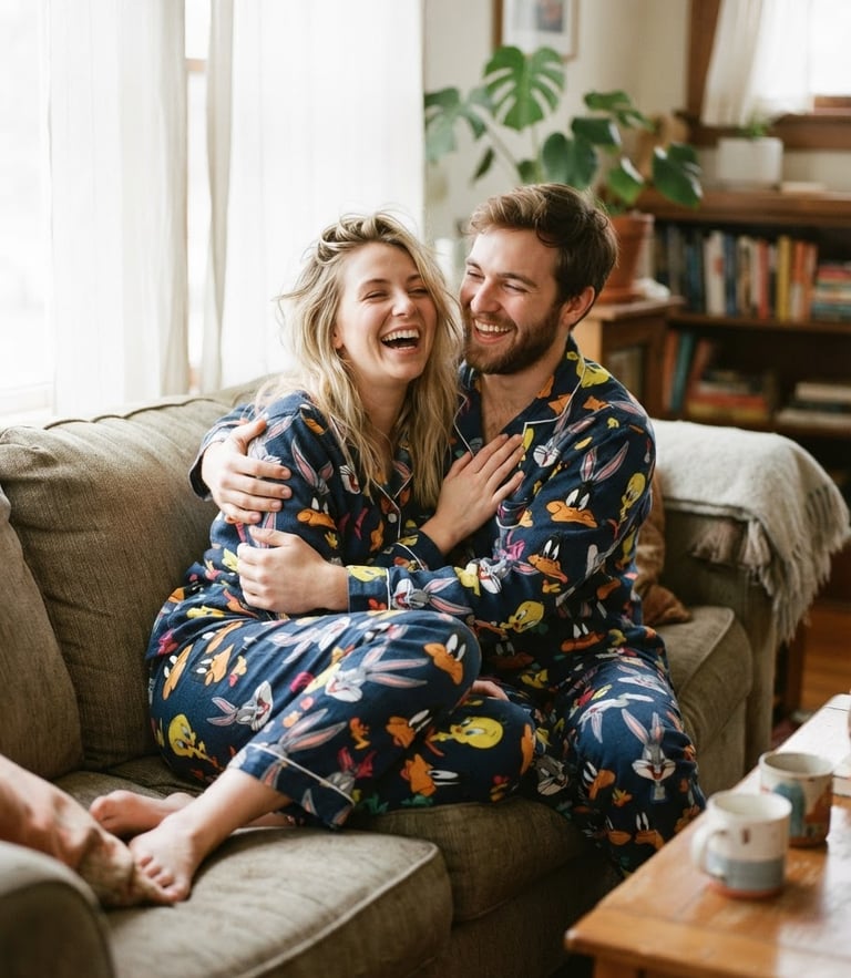 Cozy young couple laughing on a couch wearing matching nostalgic cartoon pajamas, soft morning window light, warm and relaxed atmosphere, 35mm photography