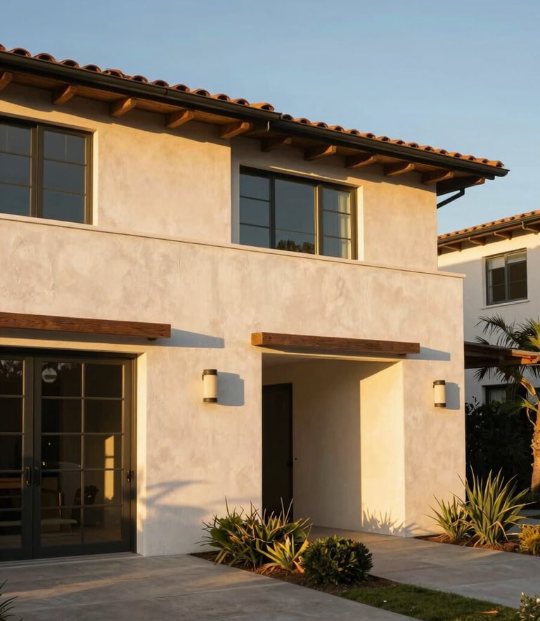 A beautiful architectural home in Pacific Palisades, warm golden-hour California sunlight, clean defensible space, sharp focus on ember-resistant vents.