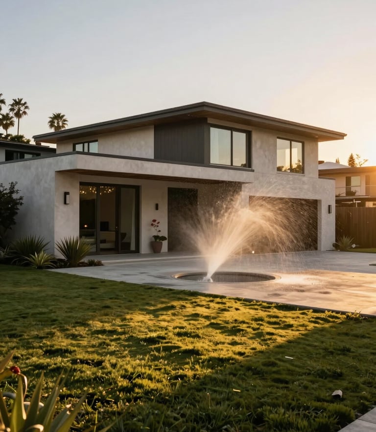 An architectural modern home in Malibu, surrounded by clean defensible space, with a subtle integrated Wetline sprinkler system misting water under warm golden-hour California sunlight.