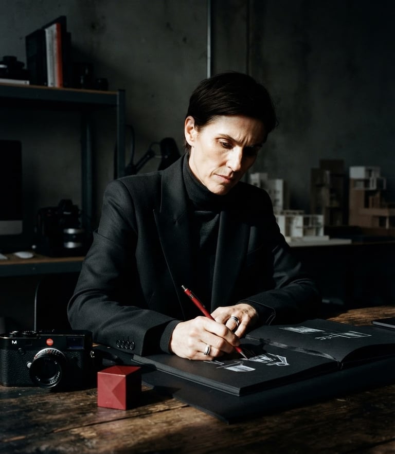 Stark high-contrast environmental portrait of a creative director in a minimalist studio, sharp shadows, dramatic directional key light, crimson red accent details, 35mm film