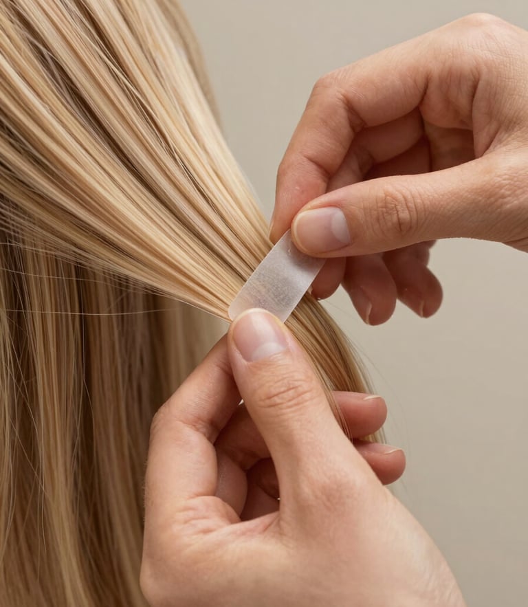 Close-up of clean, soft hands meticulously aligning a thin, transparent adhesive hair extension bond onto a section of natural blonde hair, soft daylight.