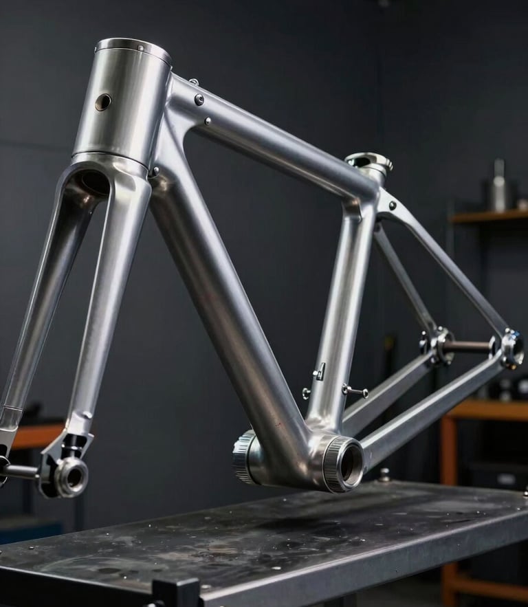 Extreme close-up of a raw steel motorcycle frame hanging on a heavy-duty curing rack, dramatic rim lighting highlighting the metallic edge, dark charcoal workshop background.