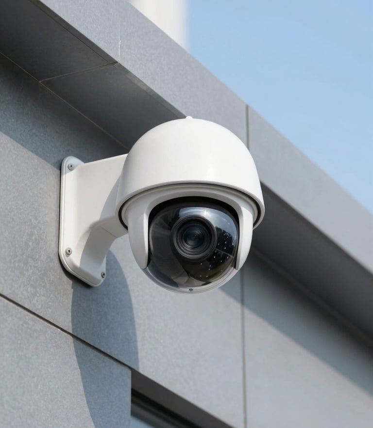 Close-up of a mounted high-definition dome IP camera against modern clean architectural lines, cool daylight, slate gray tones