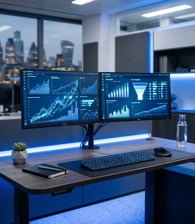 Sleek modern workspace with dual monitors displaying high-growth conversion metrics, crisp cobalt blue ambient lighting, sharp focus, 35mm