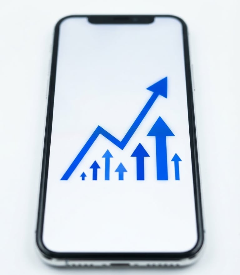 Sleek corporate technology photography, bright high-key studio lighting, close-up of a mobile interface displaying positive growth metrics in cobalt blue, sharp focus, 35mm