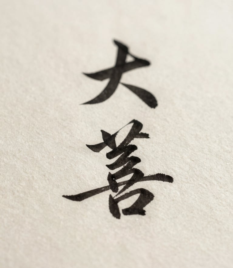 Close-up minimalist photography of black ink calligraphy on handmade paper, showing the rich ink bleeding into fibers, soft side light