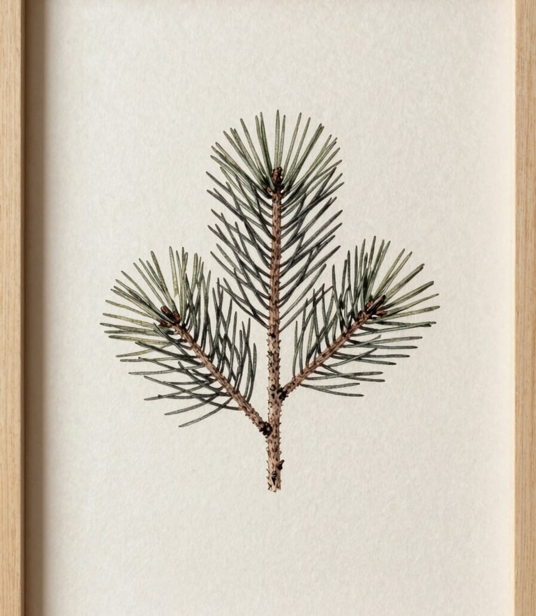 Minimalist fine art photography of a single pine branch illustration on textured Xuan paper, soft natural daylight, simple light wood frame
