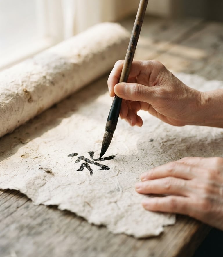 Minimalist fine art photography of hands holding a traditional bamboo brush over raw textured Xuan paper, soft natural daylight from the side, gentle shadows