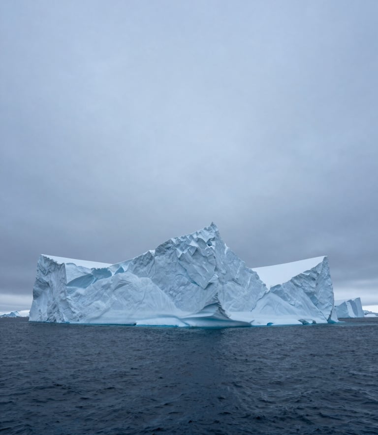 A towering monolithic iceberg in a dark blue arctic ocean, sharp edges, cold overcast daylight, cinematic wide-angle shot