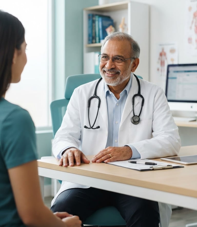 A friendly senior Indian doctor in a clean white coat with a stethoscope, bright clinical photography, soft natural daylight, high clarity, 35mm