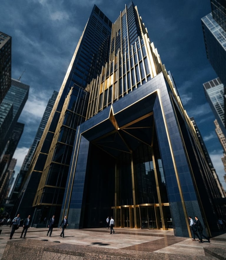 Dramatic architectural perspective of a modern financial court building, sharp gold highlights, high-contrast daylight, editorial corporate photography, 35mm