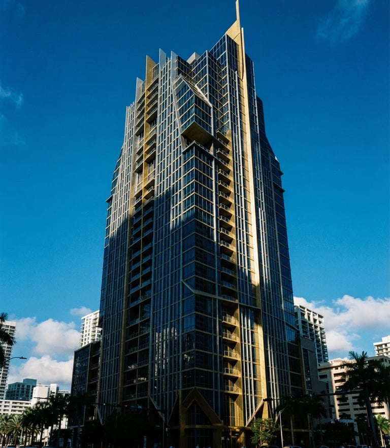 Dramatic high-contrast corporate daylight, sharp architectural details of a Miami financial skyscraper, gold highlights, 35mm editorial corporate photography