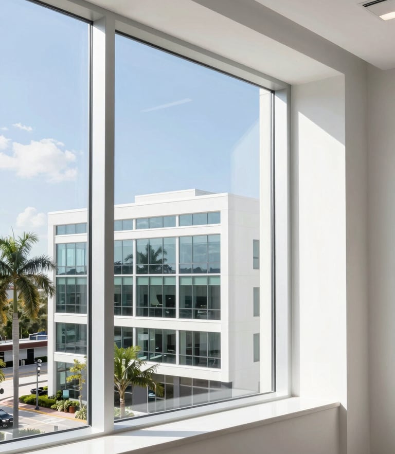 Sunlit modern architectural office window in Orlando, clean lines, high-key natural Florida daylight, 35mm lens