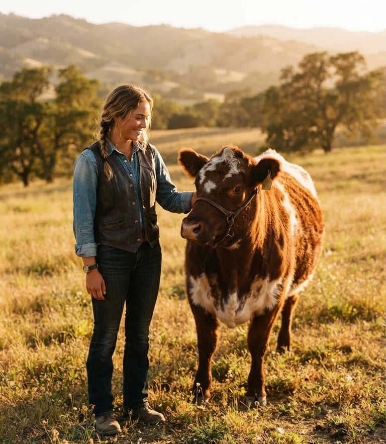 Warm editorial photography of a young rancher standing beside a Shorthorn heifer in a sun-drenched California pasture at golden hour, shallow depth of field, 35mm.