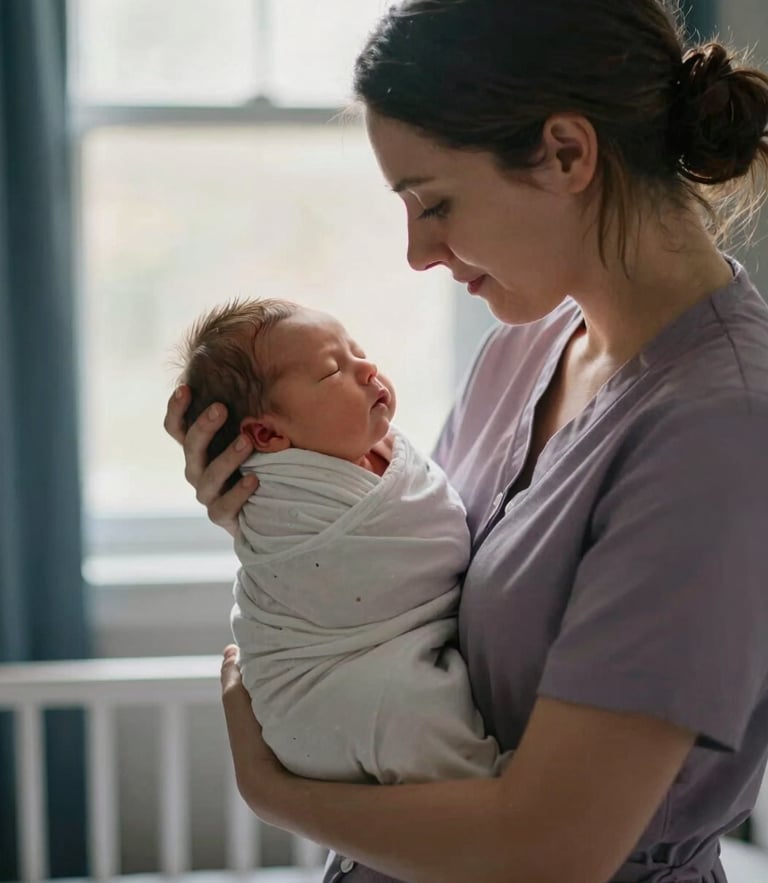 Soft warm window light illuminating a serene nursery, a professional doula gently holding a sleeping newborn in a swaddle, shallow depth of field, 35mm