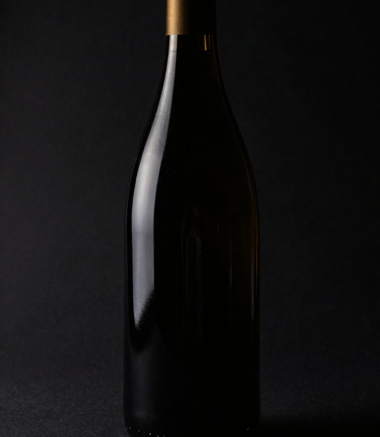 Dramatic low-key close-up of a single premium wine bottle cast in deep shadow with sharp gold rim-lighting, dark matte black background, elegant and mysterious atmosphere, 85mm lens