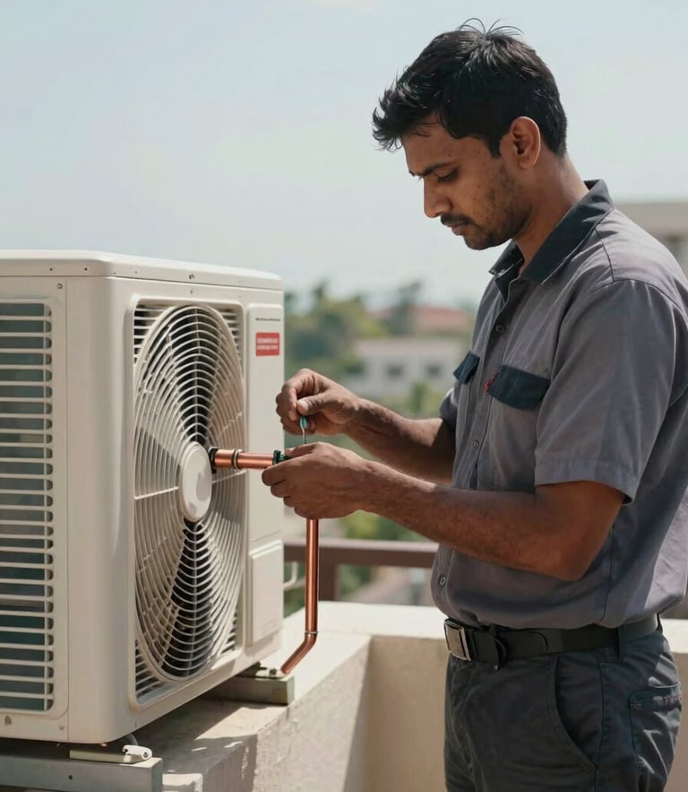 A medium shot of a professional technician in uniform safely unscrewing a copper pipe from a split AC outdoor unit on a sunny Hyderabad balcony, bright natural daylight, clear sky.