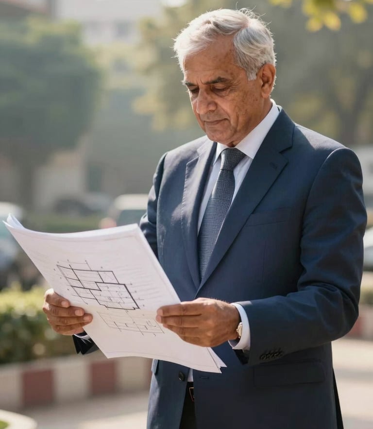 A sharp, warm editorial portrait of a senior real estate advisor in a navy suit reviewing architectural blueprints on-site in Gurgaon, bright natural sunlight, shallow depth of field.