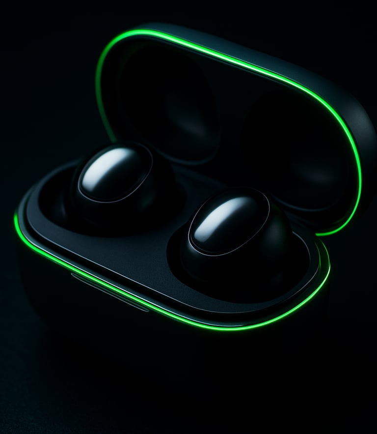 Sleek close-up macro shot of premium wireless earbuds in their charging case, moody high-contrast studio lighting with neon green rim lights, deep obsidian background, 8k resolution