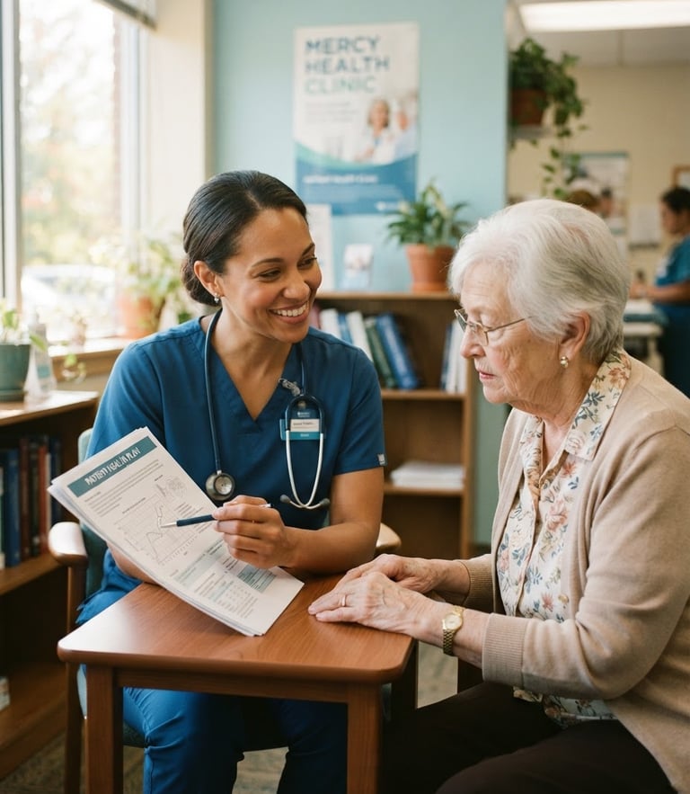 Medium environmental portrait of a compassionate female nurse explaining a health chart to an elderly patient in a bright, sunlit community clinic in Ohio, authentic editorial photography, warm soft blue and teal tones, 35mm.